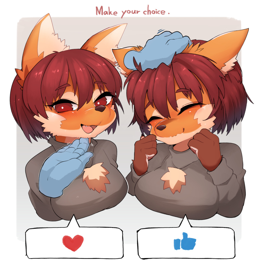 1girl :3 ^_^ absurdres animal_ear_fluff animal_ears animal_nose bangs blush bob_cut border breasts bright_pupils brown_fur brown_hair chinese_commentary clenched_hands closed_eyes closed_mouth commentary_request disembodied_limb emoji english_text fang furry furry_female gradient gradient_background grey_background grey_sweater half-closed_eyes hand_on_another's_chin hand_on_another's_head hands_up happy headpat heart highres long_sleeves looking_at_viewer medium_breasts multicolored_fur multiple_views open_mouth orange_fur original outside_border red_eyes shiny shiny_hair short_hair sidelocks simple_background smile snout speech_bubble spoken_heart spoken_thumbs_up stroking_another's_chin sweater upper_body wavy_mouth white_border white_fur white_pupils wolf_ears wolf_girl wolf_girl_(yellowparrot) yellowparrot
