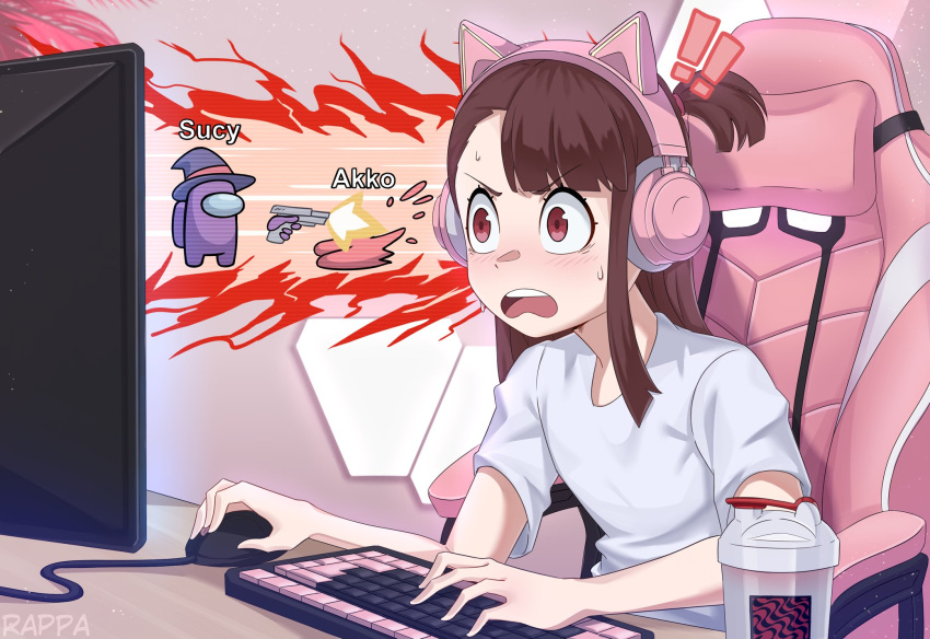 1girl among_us artist_name asymmetrical_bangs bangs blunt_bangs blunt_ends blush bottle brown_hair chair commentary cosplay crewmate_(among_us) desk english_commentary frown gameplay_mechanics gaming_chair gun hair_tie highres indoors kagari_atsuko keyboard_(computer) little_witch_academia long_hair looking_at_screen monitor mouse_(computer) one_side_up open_mouth rappa red_eyes shirt short_sleeves single_sidelock solo_focus straight_hair sucy_manbavaran sucy_manbavaran_(cosplay) sweat tareme teeth upper_teeth v-shaped_eyebrows water_bottle weapon white_shirt