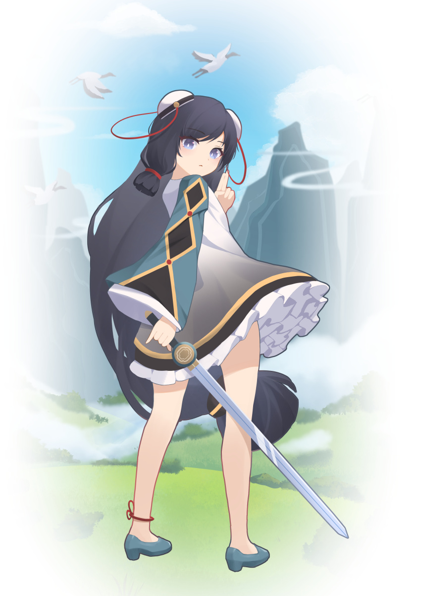 1girl absurdres akarichan_(1286817552) bangs bird black_hair bun_cover chinese_clothes commentary_request double_bun from_behind full_body genshin_impact grey_eyes hair_bun head_tilt highres holding holding_sword holding_weapon kuji-in long_hair long_sleeves looking_at_viewer looking_back low-tied_long_hair parted_bangs shenhe_(genshin_impact) sidelocks standing stork sword weapon