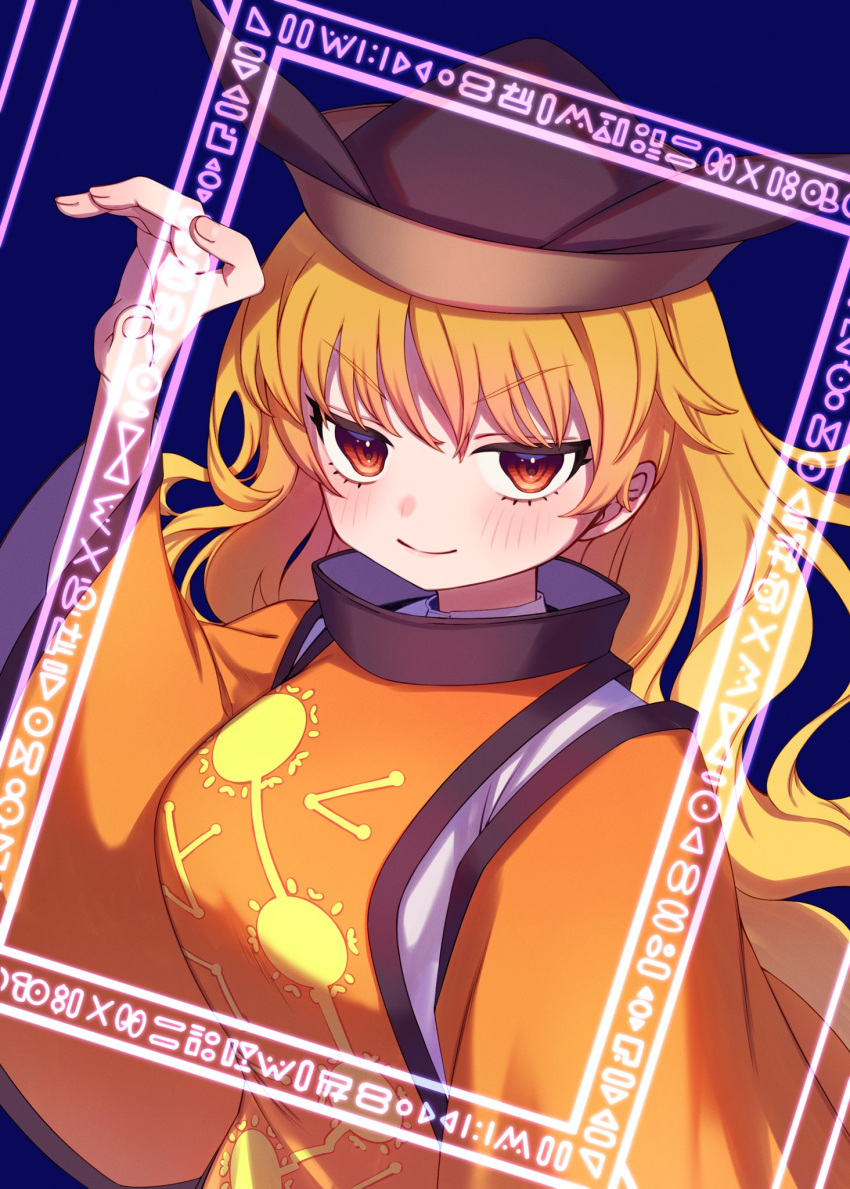 1girl blonde_hair blue_background breasts e_sdss fingernails hand_up highres large_breasts light_smile long_hair looking_at_viewer matara_okina simple_background solo tabard touhou upper_body v-shaped_eyebrows wide_sleeves