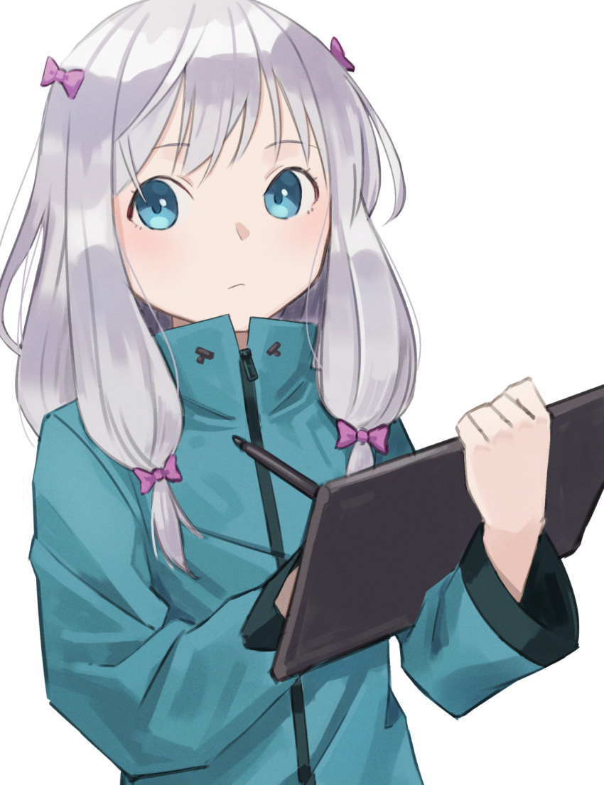 1girl aqua_jacket bangs blue_eyes bow closed_mouth commentary_request drawing_tablet eromanga_sensei grey_hair hair_bow highres holding holding_stylus izumi_sagiri jacket long_hair long_sleeves looking_at_viewer low-tied_long_hair pink_bow shimizu_tomoki simple_background solo stylus upper_body white_background