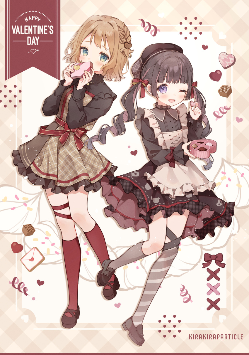 2girls :d absurdres apron asymmetrical_legwear bangs beret black_hair blue_eyes blunt_bangs blush bow box box_of_chocolates braid brown_hair chocolate collared_dress covering_mouth cream dress drill_hair english_text envelope food frilled_apron frilled_dress frills hair_ornament hair_ribbon happy_valentine hat heart heart-shaped_box heart_hair_ornament highres holding holding_box holding_chocolate holding_food icing jewelry kneehighs layered_dress loafers long_sleeves low_twintails mameyanagi mary_janes multicolored_hair multiple_girls necklace open_mouth original pink_hair plaid plaid_dress ribbon shoes short_hair sleeves_past_wrists smile socks sprinkles standing standing_on_one_leg streaked_hair striped striped_legwear twin_drills twintails two-tone_hair violet_eyes waist_bow whipped_cream