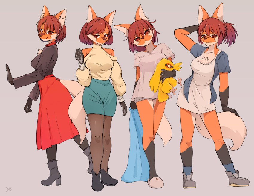 1girl :&gt; :&lt; alternate_hairstyle animal_ear_fluff animal_ears animal_hands animal_nose arm_at_side arm_behind_head arm_up artist_name bangs bare_shoulders black_footwear black_fur black_pantyhose black_shirt blanket blue_shirt blue_skirt blue_socks blush bob_cut boots breasts brown_hair chinese_commentary claws closed_mouth clothing_cutout collarbone collared_shirt commentary_request dress full_body furry furry_female grey_background grey_footwear grey_shorts half-closed_eyes hand_up happy head_tilt high_heels highres holding holding_blanket holding_stuffed_toy legs_apart legs_together light_blush long_sleeves looking_at_viewer medium_breasts messy_hair miniskirt multicolored_fur multiple_views open_clothes open_shirt orange_fur original pantyhose pencil_skirt ponytail red_eyes red_skirt shirt shirt_tucked_in shoes short_dress short_hair short_shorts shorts shoulder_cutout sidelocks signature simple_background skirt slippers smile snout socks standing stuffed_animal stuffed_bird stuffed_toy sweater swept_bangs tail tail_through_clothes white_dress white_footwear white_fur white_shirt wolf_ears wolf_girl wolf_girl_(yellowparrot) wolf_tail yellow_sweater yellowparrot