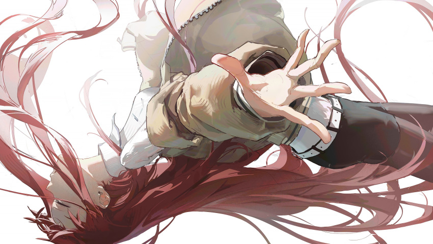 1girl belt black_pantyhose black_shorts breasts brown_jacket brown_pantyhose chinese_commentary closed_eyes commentary cowboy_shot dino_(dinoartforame) eyelashes falling floating_hair from_side highres jacket legwear_under_shorts long_hair long_sleeves makise_kurisu off_shoulder open_clothes open_jacket outstretched_arms pantyhose parted_lips profile redhead shirt shorts simple_background solo spread_arms steins;gate very_long_hair white_background white_shirt