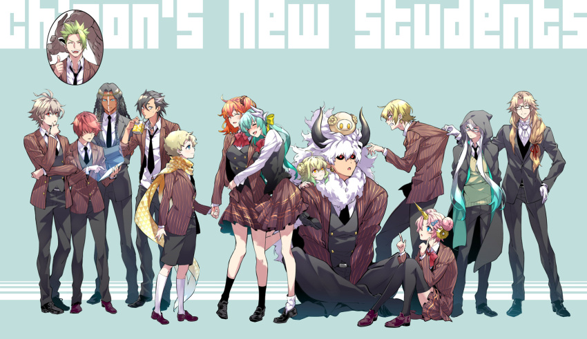 3girls 6+boys :d :o =_= ^_^ achilles_(fate) achilles_(my_student_council)_(fate) ahoge alternate_costume antenna_hair apollo_(fate) aqua_background aqua_hair asclepius_(fate) asclepius_(my_student_council)_(fate) ascot asterios_(fate) bangs between_legs black_coat black_footwear black_hair black_jacket black_necktie black_pants black_sclera black_shorts black_socks black_thighhighs black_vest blonde_hair blue_eyes blush bow bowtie braid brown_footwear brown_hair brown_jacket brown_skirt buttons chiron_(fate) circlet clenched_teeth closed_eyes clothes_grab coat collared_shirt colored_sclera command_spell contrapposto crossed_bangs curtained_hair double-breasted double_bun drinking ear_covers english_text facing_another facing_viewer fate/grand_order fate_(series) frankenstein's_monster_(fate) fujimaru_ritsuka_(female) full_body fur_scarf fuuma_kotarou_(fate) geronimo_(fate) gloves gradient_hair green_hair green_sweater_vest hair_between_eyes hair_bow hair_bun hair_over_eyes hand_between_legs hand_on_hip hand_on_own_chin head_on_another's_shoulder head_out_of_frame heracles_(fate) highres holding holding_hands holding_tablet_pc hooded_coat horns hug index_finger_raised indian_style jacket jacket_grab jason_(fate) jason_(my_student_council)_(fate) juice_box kiyohime_(fate) knees_up kotobuki_toro light_brown_hair loafers long_hair looking_at_another looking_to_the_side low-tied_long_hair low_twintails mandricardo_(fate) multicolored_hair multiple_boys multiple_braids multiple_girls muscular muscular_male necktie not_present official_alternate_costume on_head one_side_up open_collar orange_eyes orange_hair pants paris_(fate) parted_lips pink_hair profile red_bow red_bowtie red_eyes redhead scarf school_uniform scrunchie shaded_face sheep shirt shoes shorts sieg_(fate) single_horn sitting skirt sleeves_rolled_up smile socks spiky_hair standing striped striped_jacket sweatdrop sweater_vest tablet_pc teeth thigh-highs thinking thumbs_up twintails upper_teeth vertical-striped_jacket vertical_stripes vest voyager_(fate) white_ascot white_gloves white_hair white_shirt white_socks yellow_bow yellow_scarf