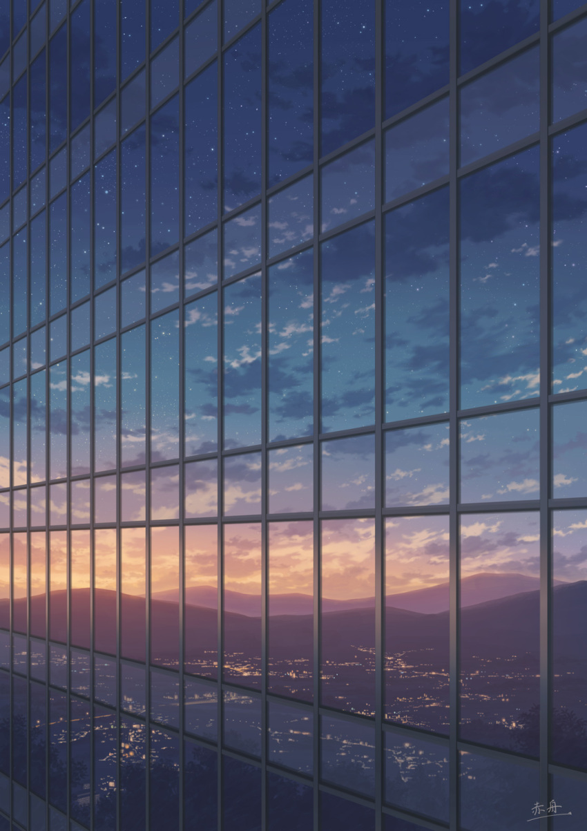 akafune building city city_lights cityscape clouds commentary_request evening fence highres mountain mountainous_horizon no_humans original outdoors rooftop scenery signature sky star_(sky) sunset tree