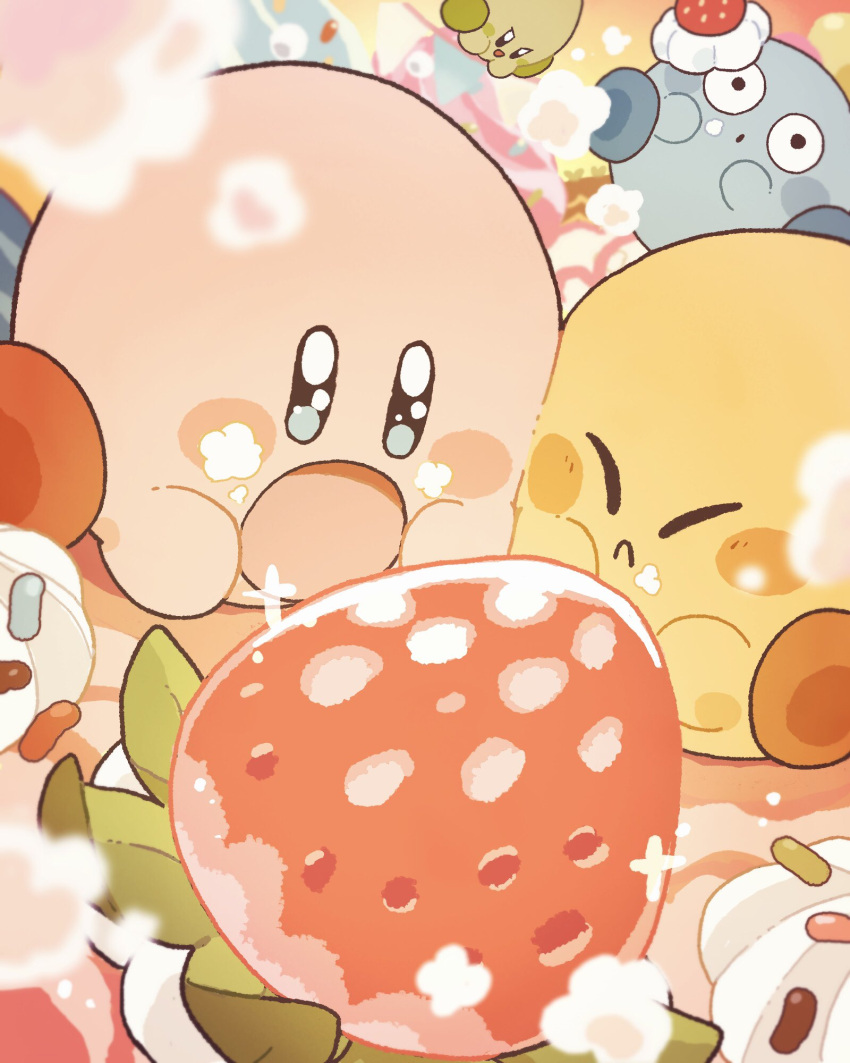 commentary_request food fruit harukui highres kirby kirby_(series) looking_at_food no_humans open_mouth strawberry
