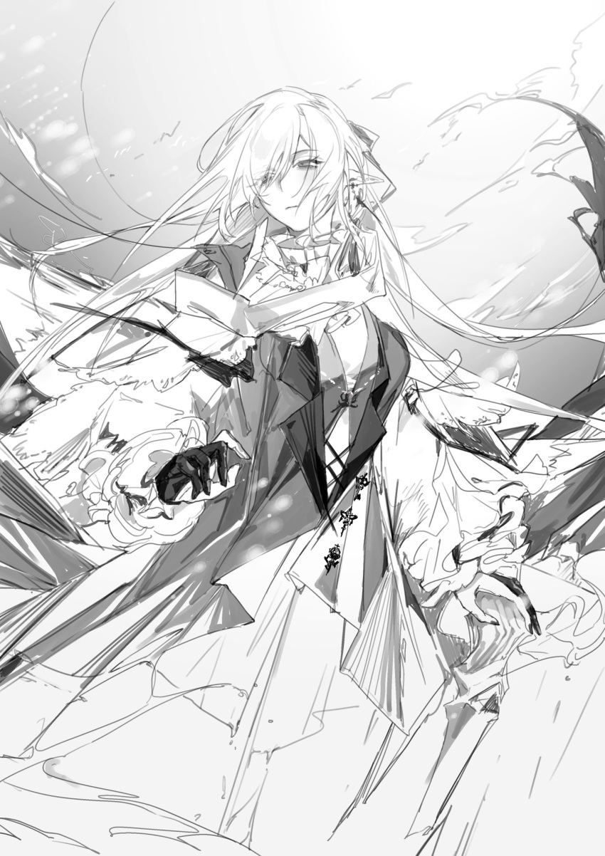 1girl a9712mob arknights ascot bangs dress frilled_sleeves frills gladiia_(arknights) gladiia_(return)_(arknights) gloves greyscale highres long_hair long_sleeves looking_to_the_side monochrome official_alternate_costume partially_fingerless_gloves pointy_ears sketch solo vest