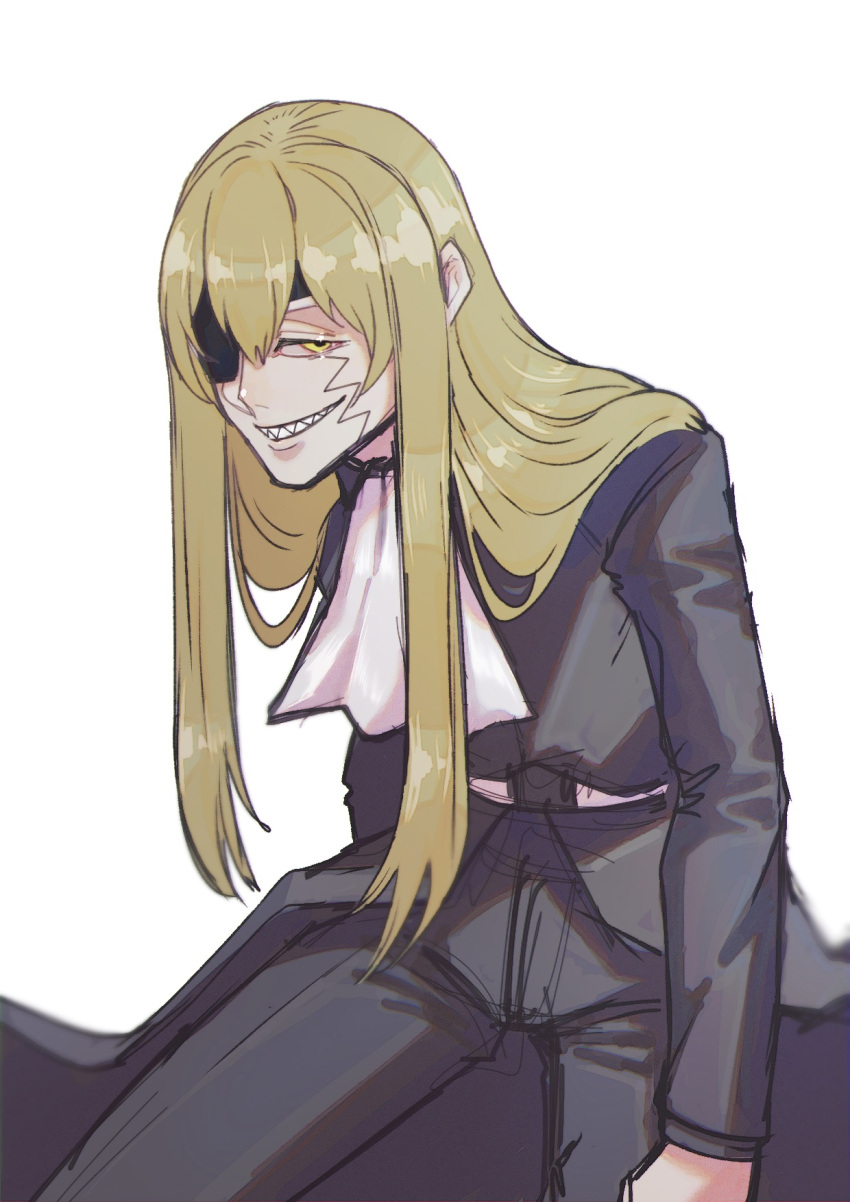 1boy 947kyoukou ascot black_pants black_shirt blonde_hair eyepatch highres levi_rosequartz long_hair long_sleeves looking_at_viewer mashle pants scar sharp_teeth shirt simple_background teeth white_ascot white_background yellow_eyes