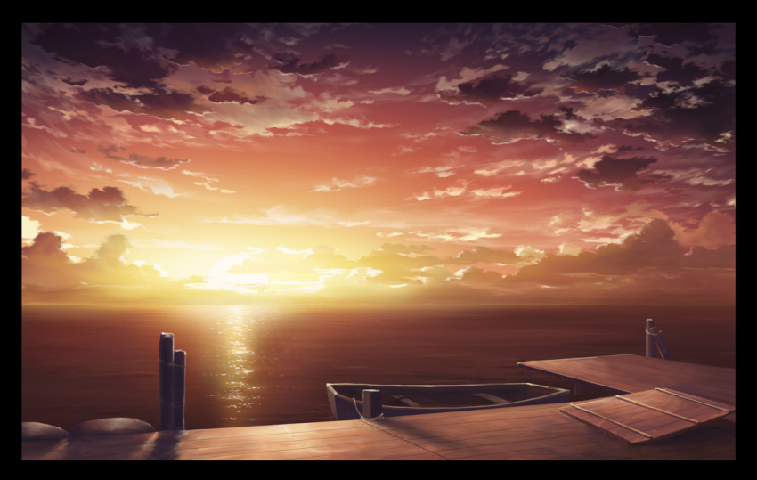 akafune black_border boat border clouds cloudy_sky commentary_request dock no_humans ocean original rowboat scenery shadow sky sunset water watercraft