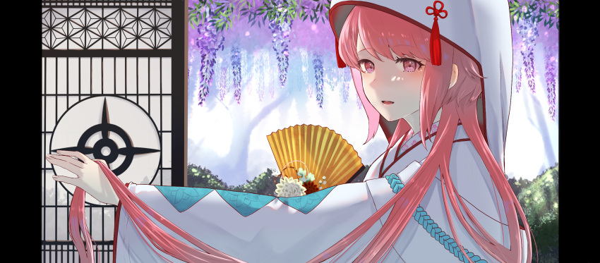 1girl alternate_costume architecture bride dappled_sunlight dress east_asian_architecture fire_emblem fire_emblem_fates fire_emblem_heroes flower hair_lift hand_fan hands_in_hair harisen hat highres holding holding_fan holding_hair japanese_clothes kimono long_hair outstretched_arm pink_eyes pink_hair sakura_(fire_emblem) shiromuku short_hair_with_long_locks shouji sliding_doors solo sunlight tree tsunokakushi tyotto_ko_i uchikake very_long_hair wedding_dress white_hood white_kimono wide_sleeves wisteria