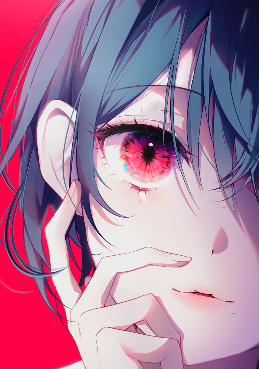 1girl absurdres bangs blue_hair close-up commentary english_commentary hand_on_own_face hand_up highres lips looking_at_viewer mole mole_under_eye mole_under_mouth moon_so_00 original parted_lips pink_background pink_hair portrait short_hair solo