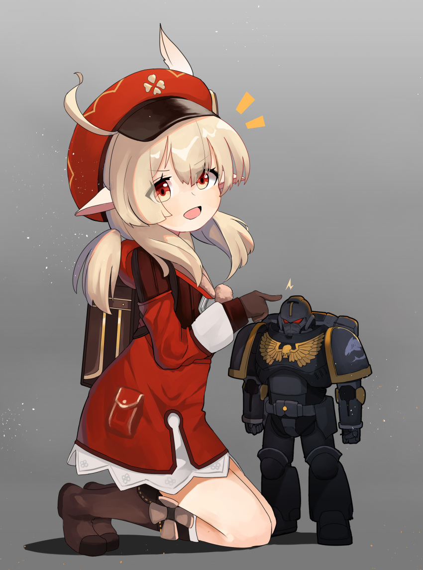 1girl :d absurdres adeptus_astartes ahoge backpack bag bangs boots brown_footwear brown_gloves brown_scarf cabbie_hat character_doll clover_print coat commentary_request crossover from_side genshin_impact gloves grey_background hair_between_eyes hat hat_feather highres klee_(genshin_impact) knee_boots kneehighs light_brown_hair long_hair long_sleeves looking_at_viewer looking_to_the_side low_twintails orange_eyes pocket pointy_ears pureakuma randoseru red_coat red_headwear scarf seiza sidelocks simple_background sitting smile socks solo twintails warhammer_40k