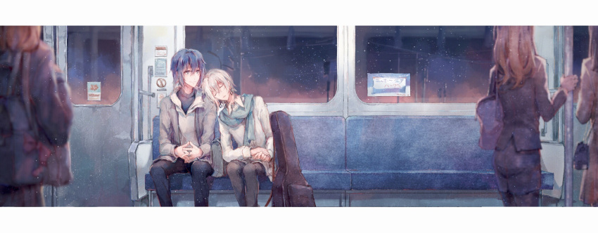 2boys bishounen black_hair bus ground_vehicle head_on_another's_shoulder highres idolish_7 izumi_iori male_focus motor_vehicle multiple_boys osaka_sougo polora short_hair sleeping white_hair