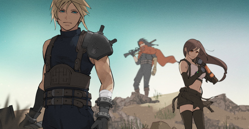 1girl 2boys armor black_hair black_skirt black_thighhighs blonde_hair blue_eyes blue_sky blurry blurry_background breasts brown_hair cape cloud_strife crop_top detached_sleeves final_fantasy final_fantasy_vii final_fantasy_vii_remake gloves headband highres holding holding_weapon long_hair looking_at_viewer low-tied_long_hair midriff multiple_boys outdoors red_cape red_eyes red_headband shillo shoulder_armor skirt sky sleeveless sleeveless_turtleneck spiky_hair standing suspender_skirt suspenders sweater tank_top thigh-highs tifa_lockhart turtleneck turtleneck_sweater vincent_valentine weapon white_tank_top