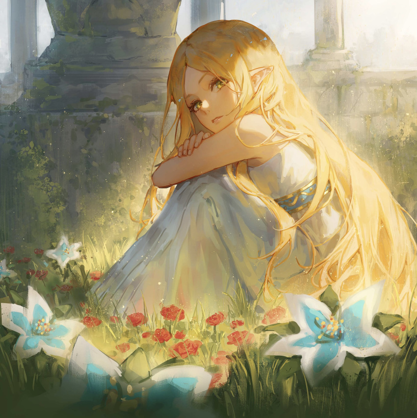 1girl absurdres blonde_hair commentary dress english_commentary flower forehead grass green_eyes highres knees_to_chest lips long_hair looking_at_viewer outdoors parted_lips pink_lips pointy_ears princess_zelda red_flower silent_princess sitting sleeveless sleeveless_dress solo strapless strapless_dress sunlight the_legend_of_zelda the_legend_of_zelda:_breath_of_the_wild very_long_hair white_dress zieru