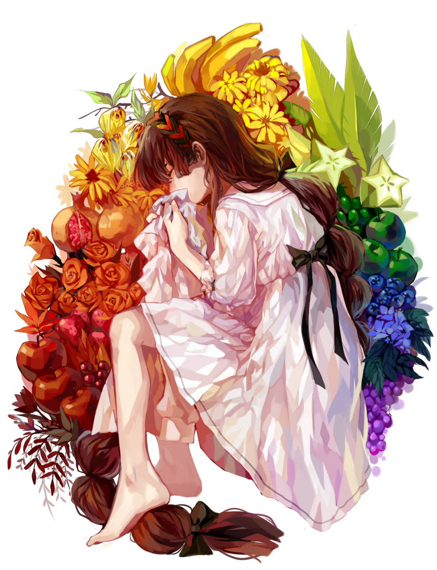 1girl apple autumn_leaves back_bow banana bangs barefoot bikini black_bow blue_flower bow bud closed_eyes commentary_request covered_mouth dress flower food from_side fruit full_body grapes hair_bow hairband harrymiao highres holding leaf long_hair maple_leaf multi-strapped_bikini orange_flower orange_rose original pomegranate profile rainbow_order rose sitting sleeves_past_elbows smelling smelling_clothes solo starfruit strawberry swimsuit very_long_hair white_background white_dress yellow_flower