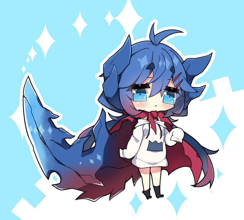 1girl :&lt; antenna_hair bangs blue_background blue_eyes blue_hair blush breasts cape chibi closed_mouth commentary_request dragon_girl dragon_horns dragon_tail drawstring full_body glavenus gradient_hair hair_between_eyes hair_ornament hairclip highres hood hood_down hoodie horns long_hair long_sleeves medium_breasts milkpanda monster_hunter_(series) multicolored_hair no_shoes personification red_cape redhead short_eyebrows sleeves_past_fingers sleeves_past_wrists socks solo sparkle tail thick_eyebrows two-tone_background very_long_hair white_background white_hoodie