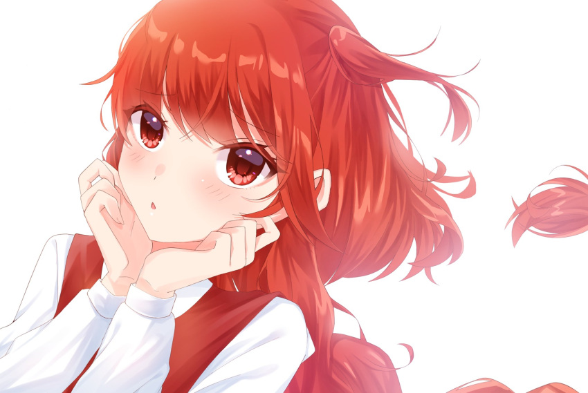 1girl bangs blush braid collared_shirt hands_on_own_chin highres long_hair long_sleeves looking_at_viewer milll_77 okazaki_yumemi open_mouth red_eyes red_vest redhead shirt side_ponytail single_braid solo touhou touhou_(pc-98) very_long_hair vest white_background white_shirt