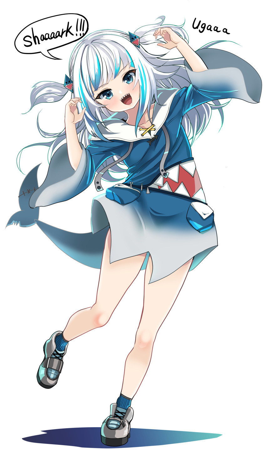 1girl absurdres bangs blue_hair blue_socks blush commentary_request english_text fish_tail full_body gawr_gura hey_taisyou highres hololive hololive_english hood hood_down hoodie leg_up long_hair looking_at_viewer multicolored_hair shark_tail sharp_teeth simple_background socks solo tail teeth two_side_up virtual_youtuber white_background white_hair wide_sleeves