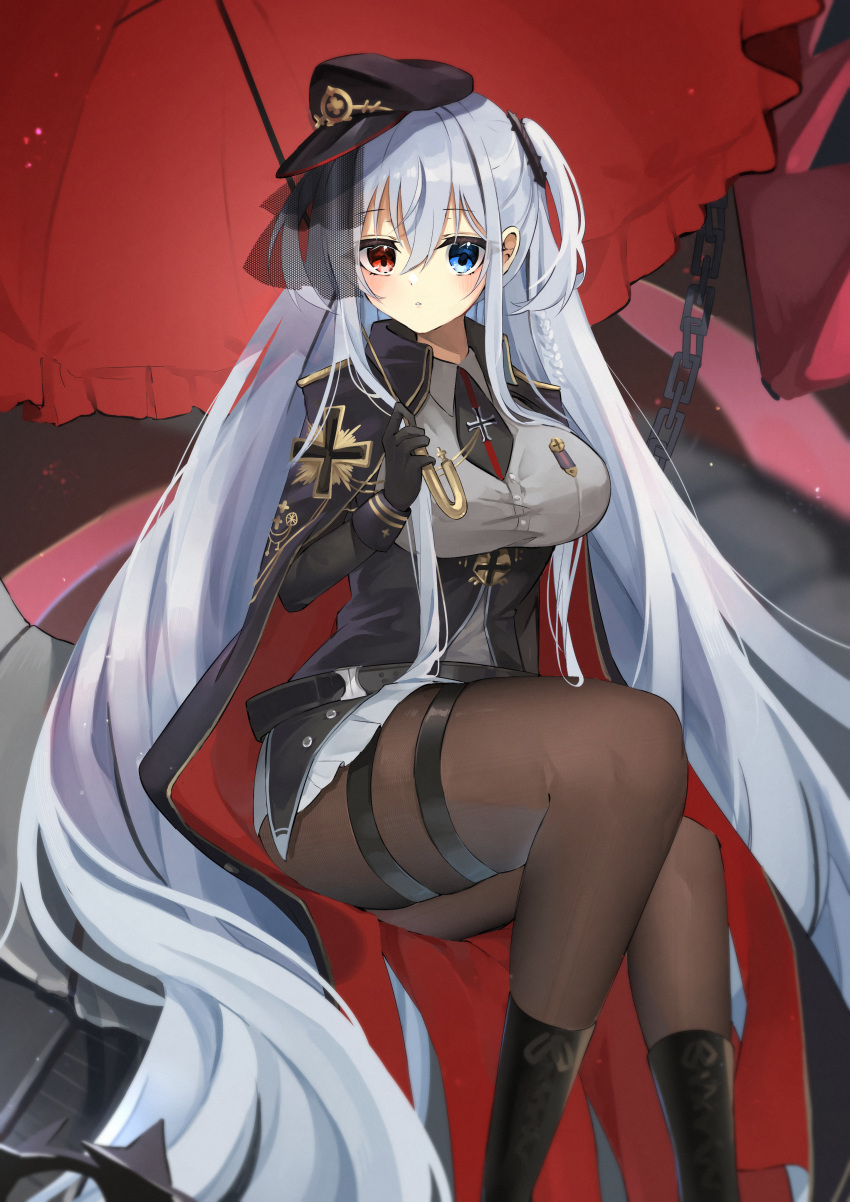 1girl absurdly_long_hair absurdres azur_lane black_cape black_footwear black_gloves black_headwear blue_eyes boots breasts brown_pantyhose cape chain collared_shirt cross ebichiri_sunday elbing_(azur_lane) feet_out_of_frame frilled_umbrella frills gloves gold_trim grey_shirt hat heterochromia highres holding holding_umbrella iron_cross large_breasts long_hair long_sleeves looking_back miniskirt pantyhose peaked_cap pleated_skirt red_cape red_eyes red_umbrella shirt sitting skirt solo thigh_strap two-tone_cape umbrella very_long_hair white_skirt