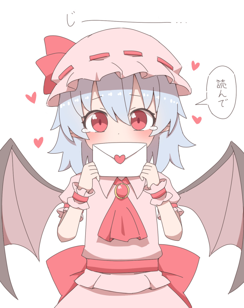 1girl bat_wings blue_hair blush commentary_request dress hat hat_ribbon heart highres love_letter mob_cap necktie nihohohi pink_dress remilia_scarlet ribbon short_hair touhou translation_request white_background wings