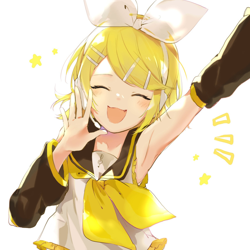 1girl :3 arm_up armpits ascot backlighting bare_shoulders blonde_hair blue_eyes blush bow closed_eyes collarbone detached_sleeves fang hair_bow hair_ornament hairclip happy headphones headset highres kagamine_rin open_mouth oyamada_gamata sailor_collar shirt sleeveless sleeveless_shirt smile solo treble_clef vocaloid white_bow yellow_ascot
