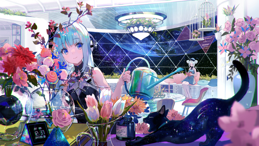 2girls birdcage blue_eyes blue_hair cage cat clock closed_eyes dress earth_(planet) flower fuzichoco hair_bun hat highres multiple_girls original planet sitting space vase watering_can white_hair window