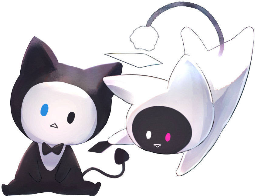 :&gt; :&lt; absurdres animal_ears black_bow black_bowtie black_eyes black_tail bloom_(irys) blue_eyes bow bowtie cat cat_ears english_commentary floating getto gloom_(irys) heterochromia highres hololive hololive_english mascot red_eyes sitting stuffed_toy tail white_bow white_bowtie white_eyes