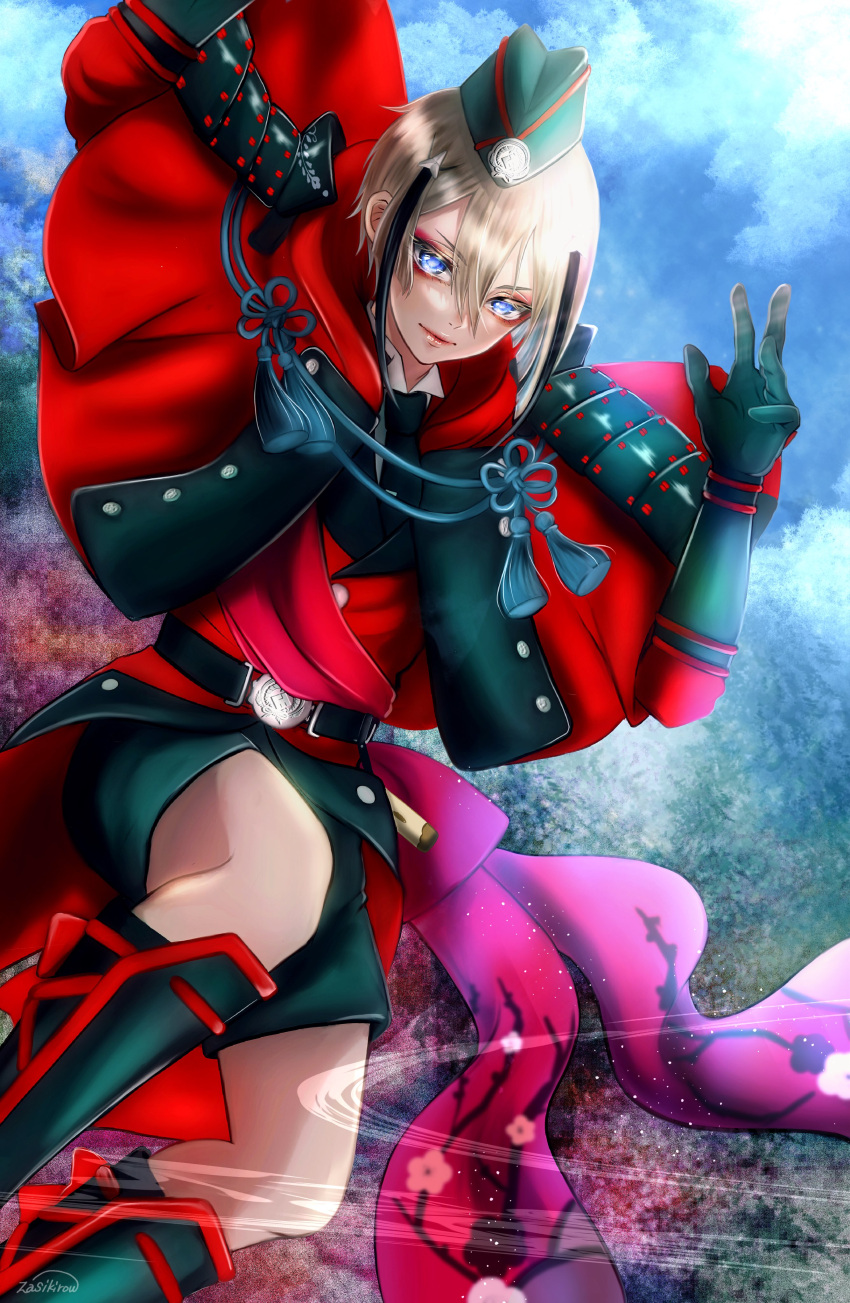 1boy absurdres black_hair blonde_hair blue_eyes blush boots closed_mouth gloves hat highres hyuuga_masamune long_sleeves looking_to_the_side male_focus multicolored_hair short_hair shorts solo touken_ranbu zasikirou