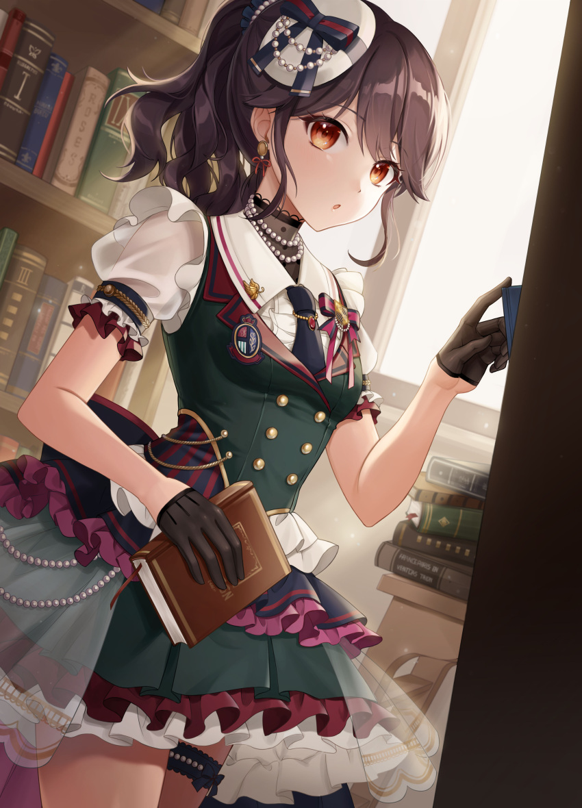 1girl :o absurdres bang_dream! bangs black_gloves black_hair black_necktie blue_bow book book_stack bookmark bookshelf bow breasts buttons collared_shirt commentary cowboy_shot day double-breasted duplicate dutch_angle earrings emblem frilled_shirt frilled_skirt frilled_sleeves frills futaba_tsukushi gem gloves green_skirt green_vest half_gloves hand_up hat hat_bow highres holding holding_book indoors jewelry layered_skirt light_particles looking_at_viewer medium_hair mini_hat miniskirt necklace necktie official_alternate_costume official_alternate_hairstyle orange_eyes parted_lips pearl_(gemstone) pearl_necklace pleated_skirt ponytail ritpyu see-through shirt short_sleeves sidelocks skirt small_breasts solo standing striped striped_bow sunlight thigh_strap tilted_headwear vest white_headwear white_shirt window