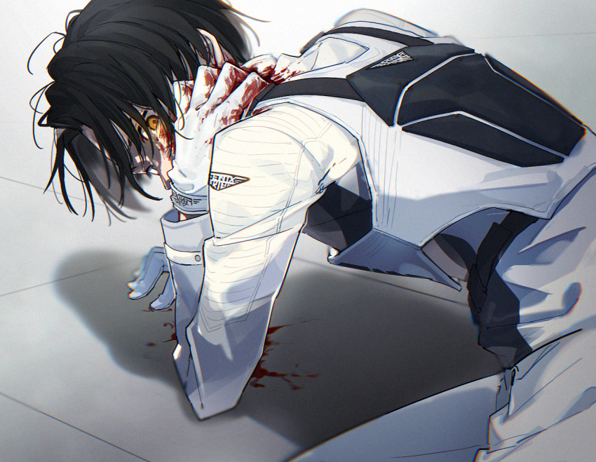 1boy aam09212 armor black_hair blood blood_on_hands bloody_wings commentary_request fenix_uniform floor gloves igarashi_daiji injury kamen_rider kamen_rider_revice looking_back male_focus military military_uniform on_ground slit_throat spoilers tile_floor tiles uniform white_gloves wings yellow_eyes