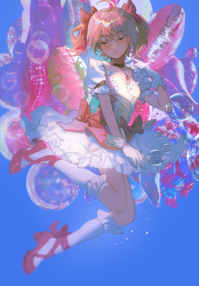 1girl abstract_background ahoge bangs blue_background bow bubble bubble_skirt chinese_commentary choker closed_eyes collarbone commentary_request dress dress_bow expressionless facing_viewer floating footwear_bow frilled_dress frilled_legwear frilled_skirt frilled_sleeves frills from_side full_body gloves hair_bow hand_up high_heels highres kaname_madoka leg_up ling5707 magical_girl mahou_shoujo_madoka_magica pink_dress pink_footwear pink_hair procreate_(medium) puffy_short_sleeves puffy_sleeves red_bow red_choker short_hair short_sleeves short_twintails skirt socks solo twintails white_gloves white_socks