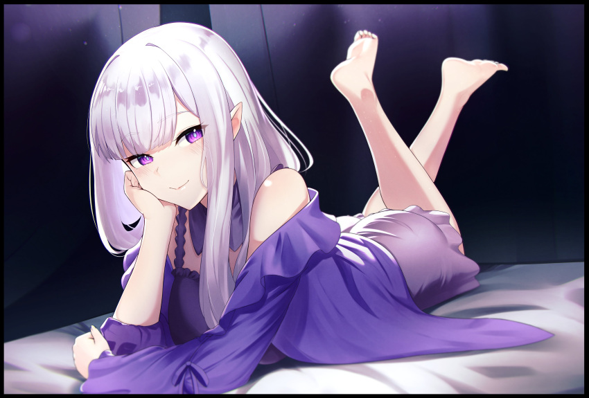 1girl absurdres bare_shoulders barefoot blurry blush camisole closed_mouth depth_of_field emilia_(re:zero) foreshortening frilled_camisole frilled_straps frills full_body grey_hair head_rest highres jellen_aura looking_at_viewer loungewear lying on_bed on_stomach pajamas pointy_ears re:zero_kara_hajimeru_isekai_seikatsu smile solo violet_eyes