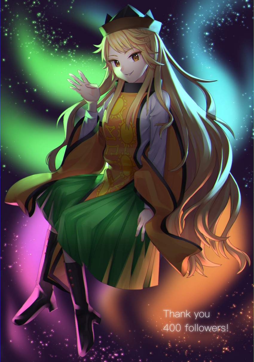 1girl bangs black_background black_footwear black_headwear blonde_hair boots breasts brown_eyes brown_headwear buttons c_i_an cape closed_mouth commentary_request constellation constellation_print detached_sleeves energy english_text fingernails flying green_skirt grey_shirt hand_up hat highres light long_hair long_sleeves looking_at_viewer matara_okina medium_breasts nail_polish orange_cape orange_sleeves pink_nails puffy_long_sleeves puffy_sleeves shirt skirt smile solo tabard teeth touhou wide_sleeves