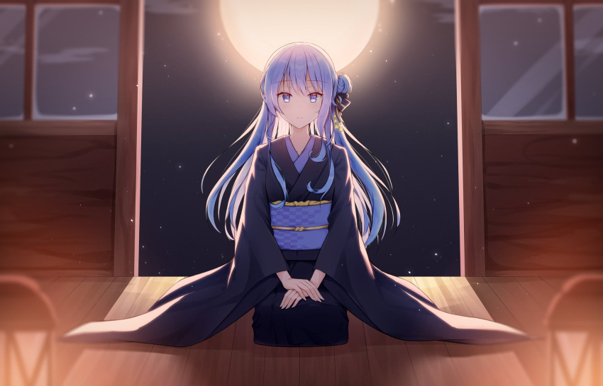 1girl bangs black_kimono black_ribbon blue_eyes blue_hair closed_mouth full_moon hair_bun hair_ribbon highres hololive hoshimachi_suisei indoors japanese_clothes kimono long_hair long_sleeves looking_at_viewer moon moonlight obi own_hands_together ribbon rieatco sash seiza single_side_bun sitting solo v_arms virtual_youtuber wide_sleeves