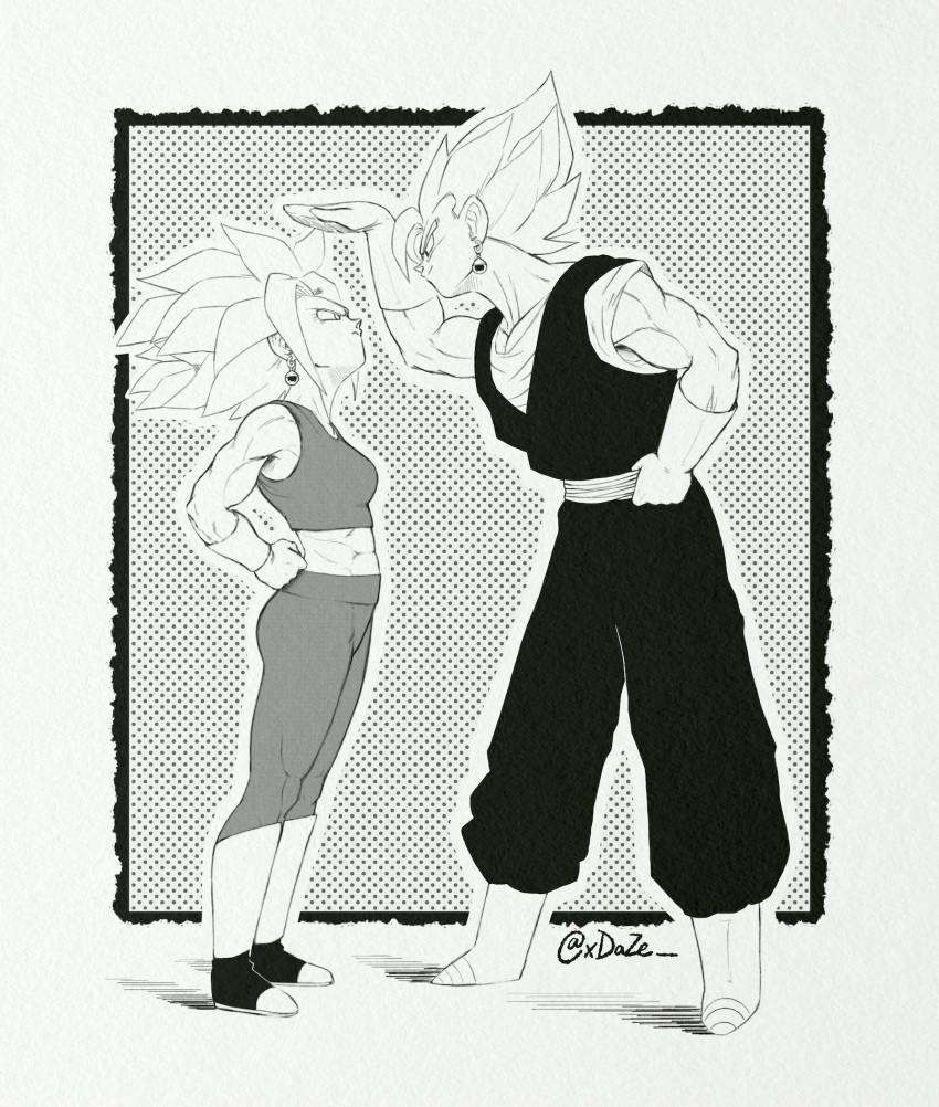 1boy 1girl age_difference artist_request bare_shoulders boots breasts crop_top dougi dragon_ball dragon_ball_super earrings eye_contact full_body gloves greyscale height_difference highres jewelry kefla_(dragon_ball) looking_at_another monochrome muscular muscular_female potara_earrings sash simple_background spiky_hair standing super_saiyan vegetto xdaze