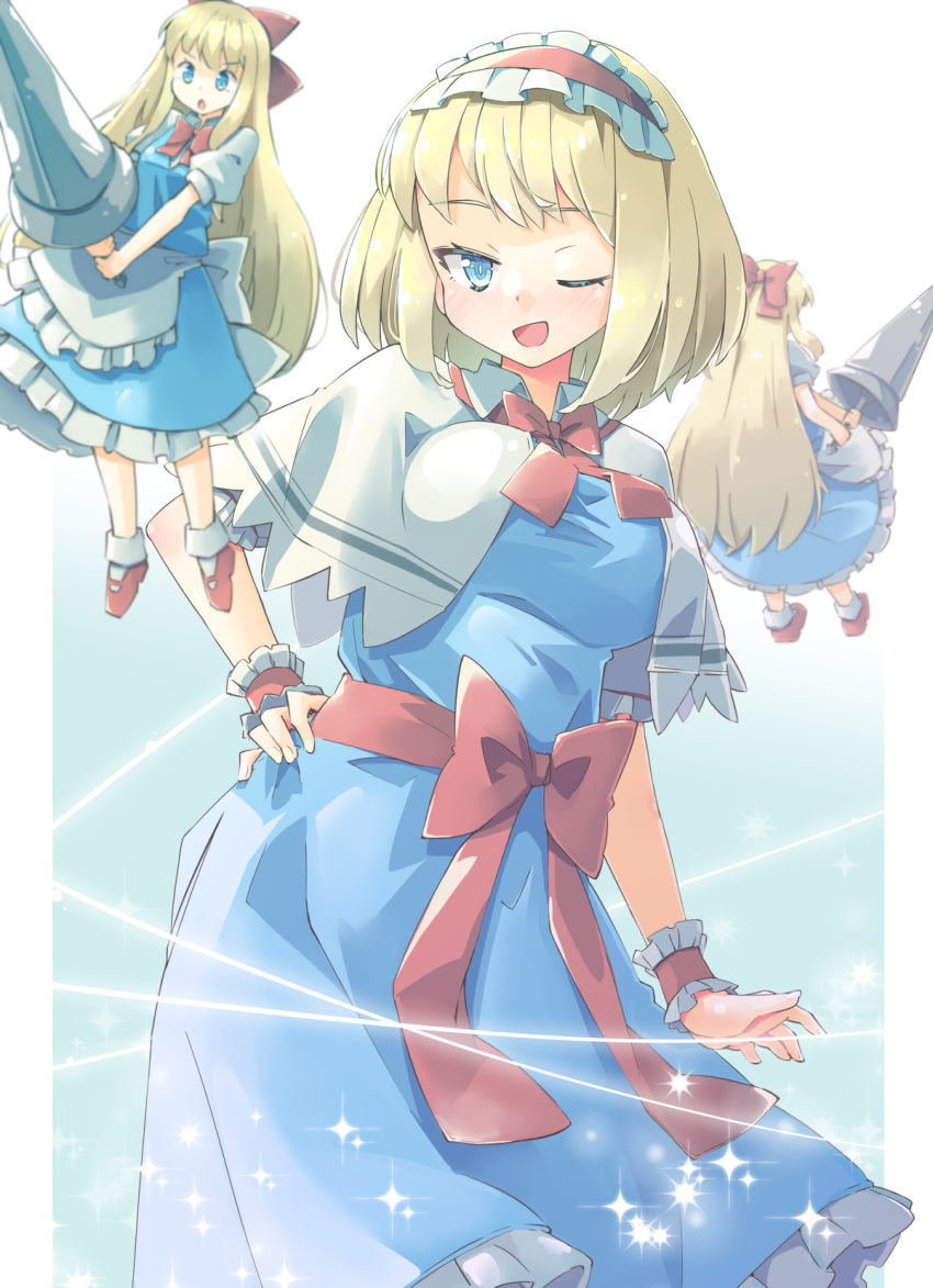 alice_margatroid apron arnest ascot blonde_hair blue_dress blue_eyes bow capelet dress frilled_ascot frilled_dress frilled_hairband frills hair_bow hairband highres lolita_hairband long_hair medium_hair puffy_short_sleeves puffy_sleeves red_ascot red_hairband shanghai_doll short_sleeves touhou waist_apron white_capelet wrist_cuffs