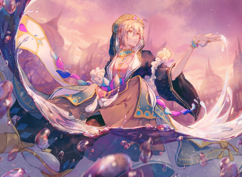 1boy ahoge bishounen idolish_7 kujou_tenn partially_immersed partially_submerged partially_underwater_shot polora red_eyes solo sparkle traditional_clothes water white_hair wide_sleeves