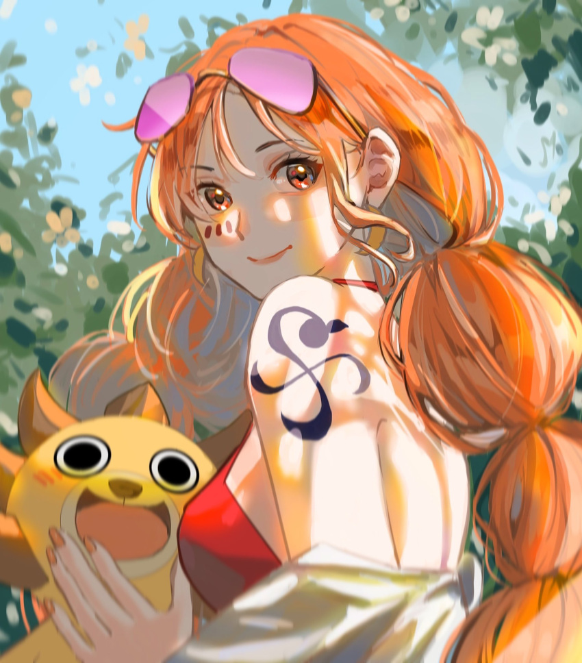 bare_shoulders blurry blurry_background breasts crop_top eyewear_on_head highres long_hair looking_at_viewer nami_(one_piece) one_piece one_piece:_film_red orange_eyes orange_hair outdoors red_tank_top shoulder_tattoo smile sunglasses tank_top tattoo twintails upper_body white_peach_art