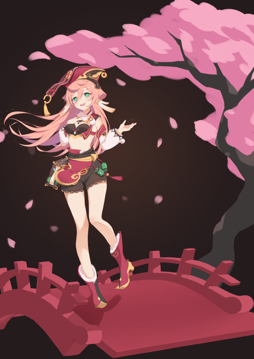 1girl :d absurdres akarichan_(1286817552) antlers architecture bangs black_background bridge cherry_blossoms commentary_request east_asian_architecture falling_petals full_body genshin_impact green_eyes hair_between_eyes hat highres long_hair long_sleeves looking_at_viewer petals pink_hair scales short_shorts shorts sidelocks simple_background smile solo standing standing_on_one_leg stomach tree yanfei_(genshin_impact)