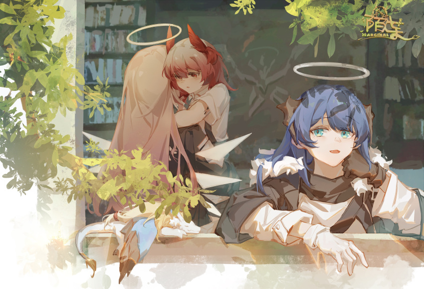 3girls absurdres animal_ears arknights artist_logo asymmetrical_gloves bird_ears black_gloves black_jacket blue_eyes blue_hair bookshelf carrying child_carry collared_shirt demon_horns detached_wings dragon energy_wings facing_away fang fiammetta_(arknights) gloves halo highres horns jacket lemuen_(arknights) long_hair looking_at_viewer mismatched_gloves mostima_(arknights) moyu_marginal multiple_girls open_clothes open_jacket open_mouth oripathy_lesion_(arknights) pink_hair plant red_eyes redhead shirt through_window white_gloves white_shirt wings younger