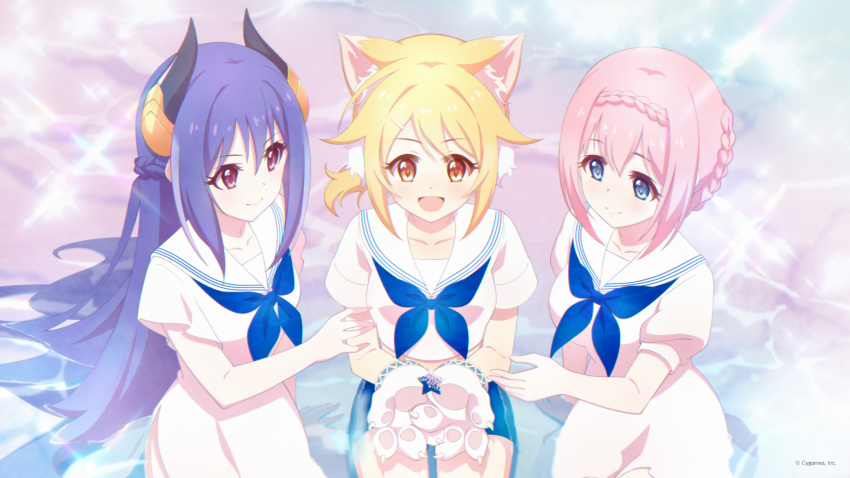 3girls animal_ears animal_hands artist_request blonde_hair blue_eyes braid breasts cat_girl cygames demon_girl hair_ornament hairclip highres hiyori_(princess_connect!) horns large_breasts long_hair magenta_eyes medium_breasts multiple_girls own_hands_together pink_hair princess_connect! purple_hair rei_(princess_connect!) school_uniform serafuku short_hair star_(symbol) yellow_eyes yui_(princess_connect!)
