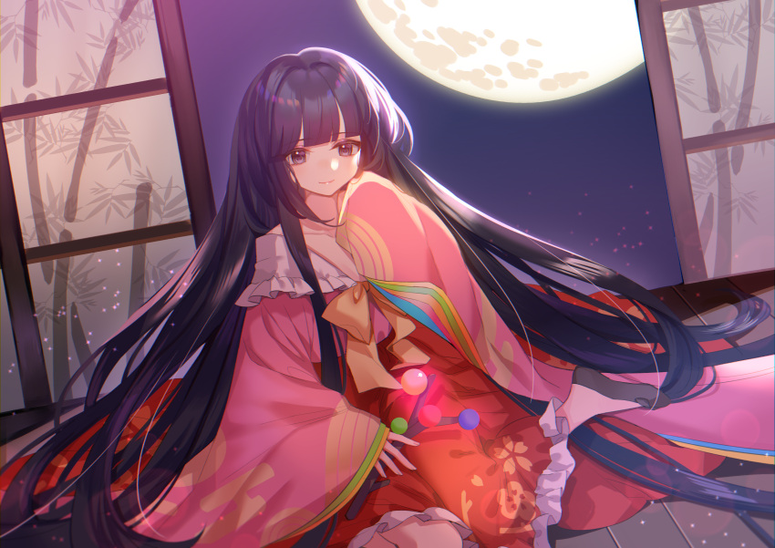 1girl absurdres bangs black_eyes black_hair blunt_bangs branch closed_mouth frilled_skirt frills highres houraisan_kaguya japanese_clothes jeweled_branch_of_hourai kanta_(pixiv9296614) long_hair pink_shirt red_skirt shirt skirt sleeves_past_fingers sleeves_past_wrists smile solo touhou wide_sleeves