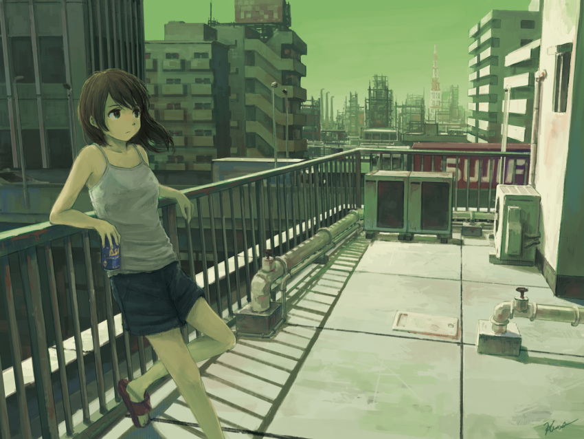 1girl air_conditioner billboard black_hair brown_hair building camisole can city cityscape commentary drink holding holding_can holding_drink industrial_pipe kensight328 leaning_on_rail original outdoors railing revision scenery short_shorts shorts slippers solo