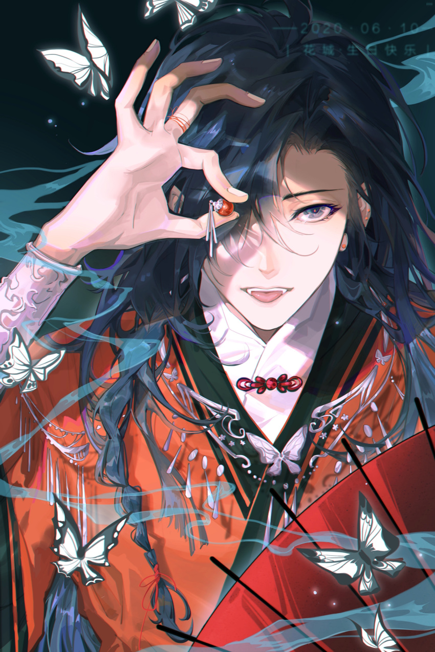 1boy absurdres bishounen braid bug butterfly butterfly_necklace chinese_clothes earrings eyepatch hair_over_one_eye hair_over_shoulder highres hua_cheng jewelry male_focus shiyangtacit smoke solo string string_of_fate tian_guan_ci_fu tongue tongue_out white_butterfly