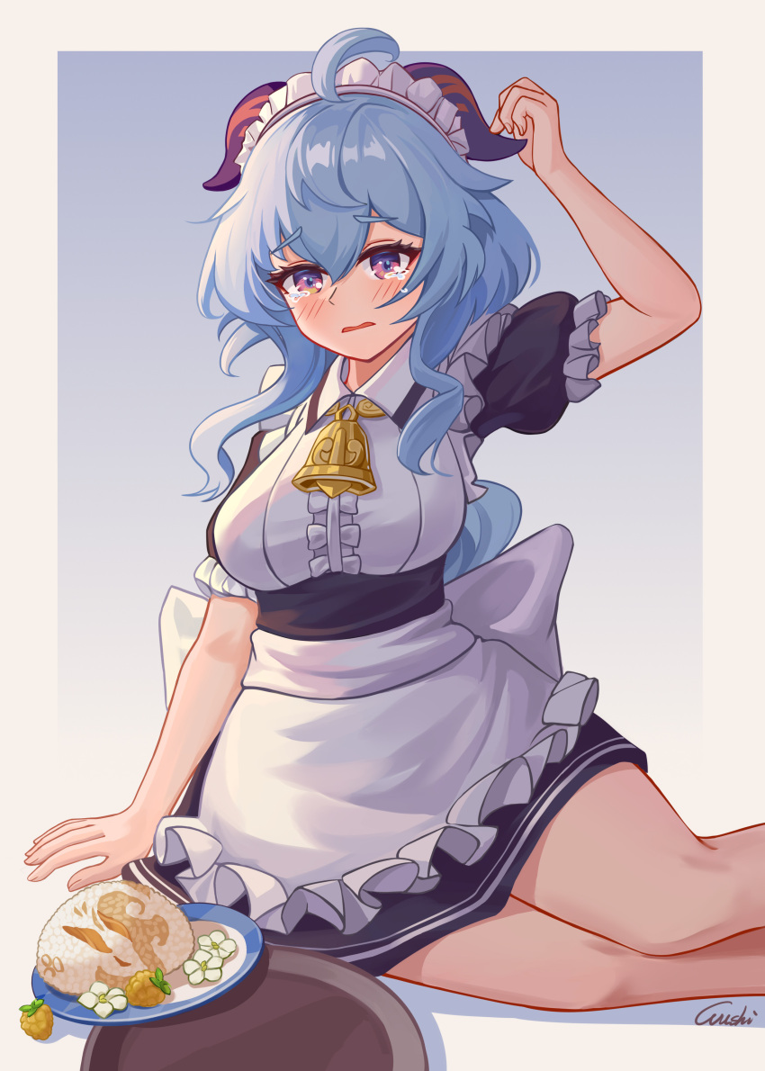 1girl absurdres adeptus'_temptation_(genshin_impact) ahoge alternate_costume apron bangs blue_hair commentary_request crying crying_with_eyes_open enmaided food ganyu_(genshin_impact) genshin_impact hair_between_eyes highres horns long_hair looking_at_viewer low_ponytail maid maid_apron maid_headdress parted_lips plate short_sleeves sidelocks simple_background sitting solo tears violet_eyes wavy_mouth wujingwushi
