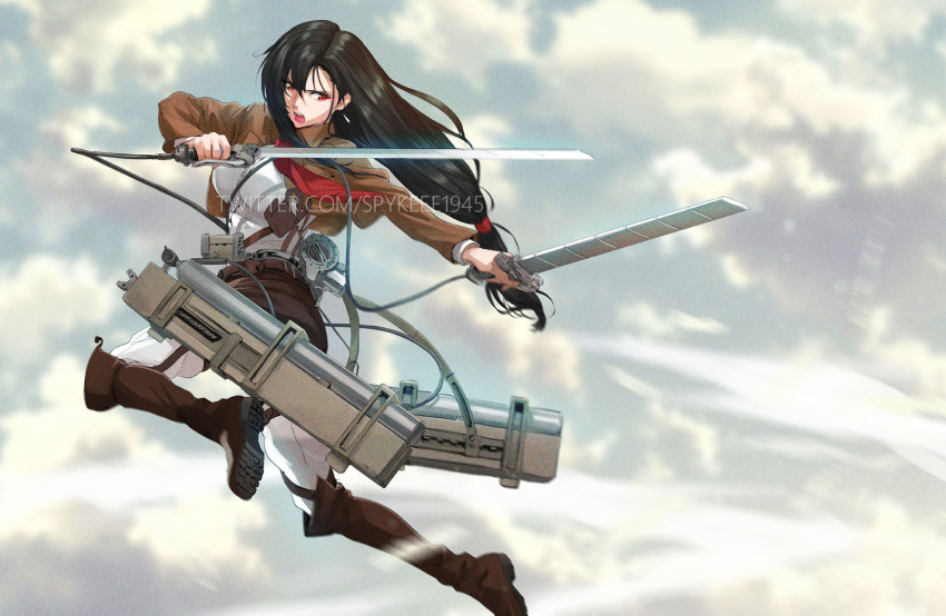 1girl belt black_hair boots breasts brown_jacket clouds cloudy_sky cosplay dual_wielding earrings fighting_stance final_fantasy final_fantasy_vii full_body hair_between_eyes highres holding jacket jewelry large_breasts long_hair long_sleeves looking_to_the_side low-tied_long_hair mikasa_ackerman mikasa_ackerman_(cosplay) neckerchief open_mouth pants red_eyes red_neckerchief shingeki_no_kyojin shirt shouting sky solo spykeee survey_corps survey_corps_(emblem) sword teeth three-dimensional_maneuver_gear tifa_lockhart upper_teeth weapon white_pants white_shirt