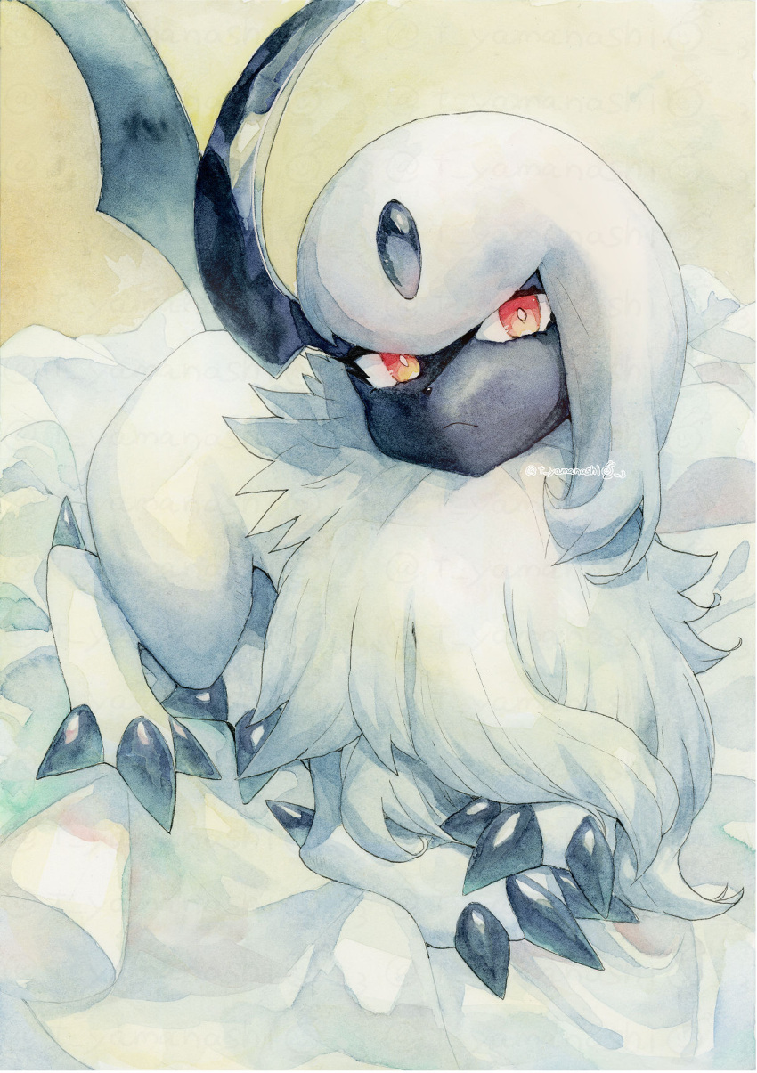 absol bright_pupils claws closed_mouth commentary_request frown highres looking_at_viewer no_humans orange_eyes pokemon pokemon_(creature) solo twitter_username watermark white_fur white_pupils yamanashi_taiki