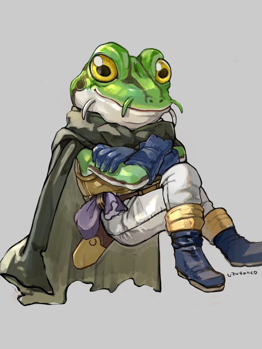 1boy artist_name belt blue_gloves boots cape chrono_trigger crossed_arms crossed_legs frog frog_(chrono_trigger) full_body gloves grey_background grey_cape highres male_focus pants purple_bag sheath sheathed sitting smile solo sword uzutanco weapon white_pants yellow_eyes